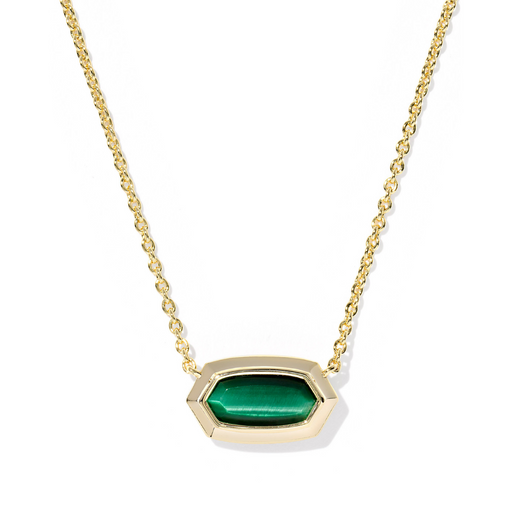 Gold necklace with a green pendant on a white background