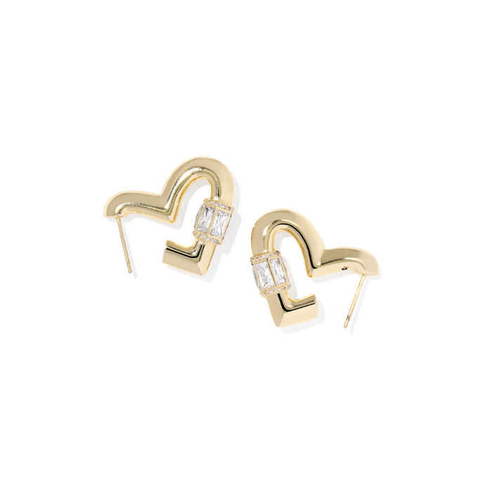 Gold heart-shaped earrings with clear gemstones on a white background