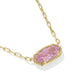 Gold necklace with a pink gemstone on a white background