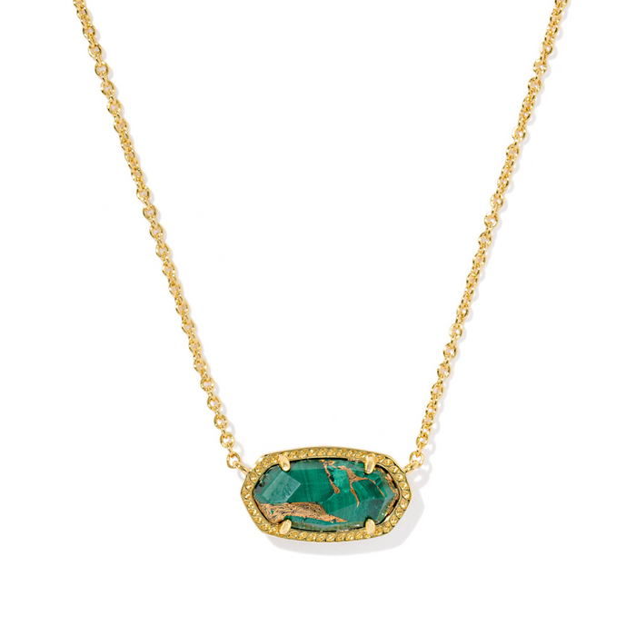 Necklace with a green stone pendant on a gold chain against a white background