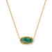 Necklace with a green stone pendant on a gold chain against a white background