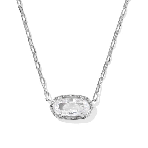 Silver necklace with a clear gemstone pendant on a white background