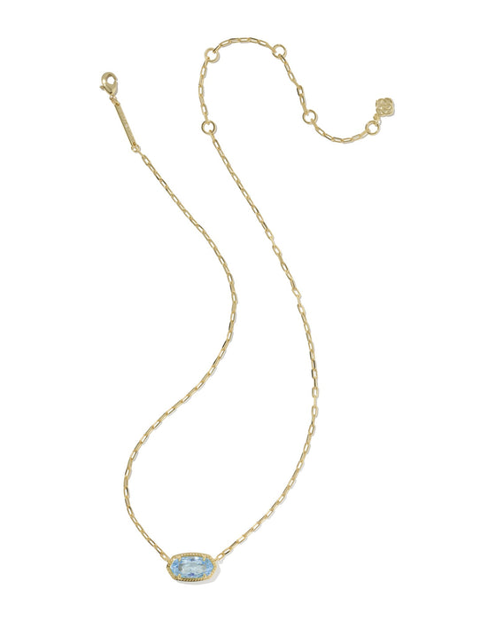 Gold necklace with a blue pendant on a white background