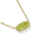 Gold necklace with a green gemstone pendant on a white background