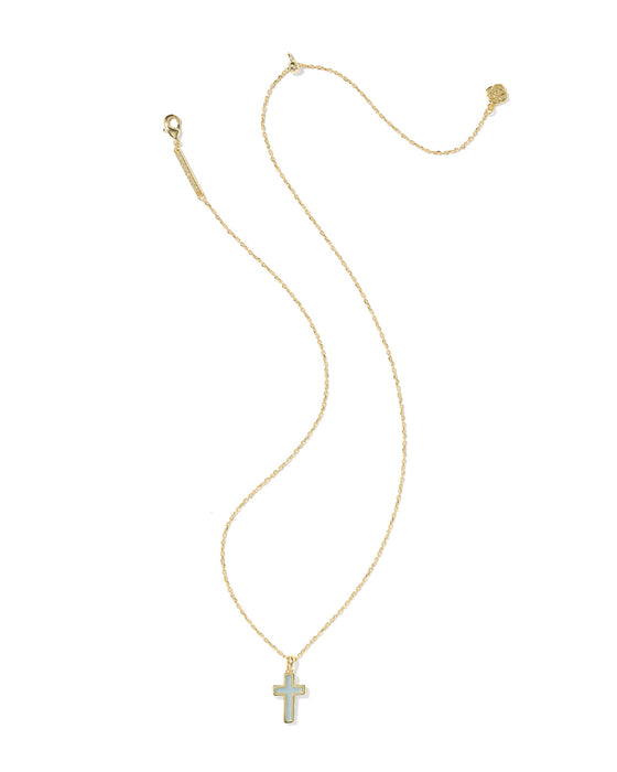 Gold necklace with a cross pendant on a white background