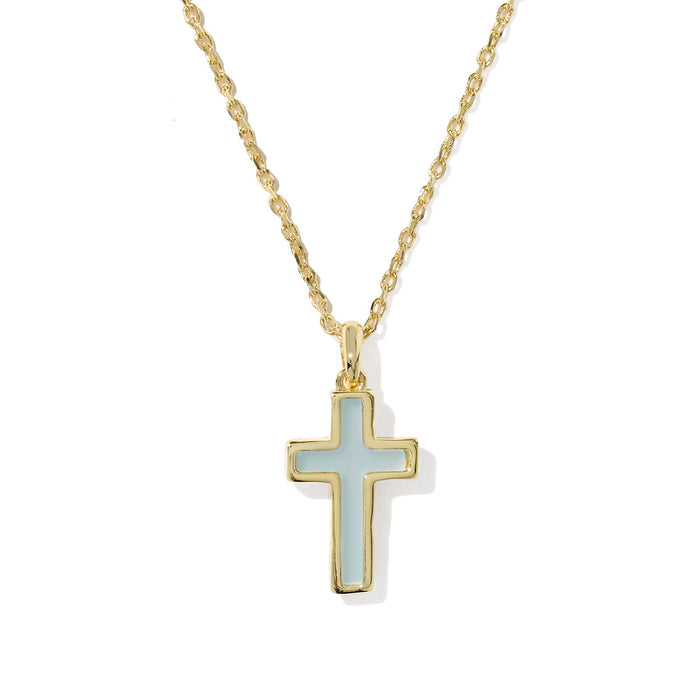 Gold cross necklace with a light blue pendant on a white background