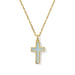 Gold cross necklace with a light blue pendant on a white background
