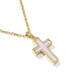 Gold cross necklace with a white center on a white background