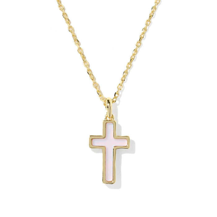 Gold necklace with a cross pendant on a white background