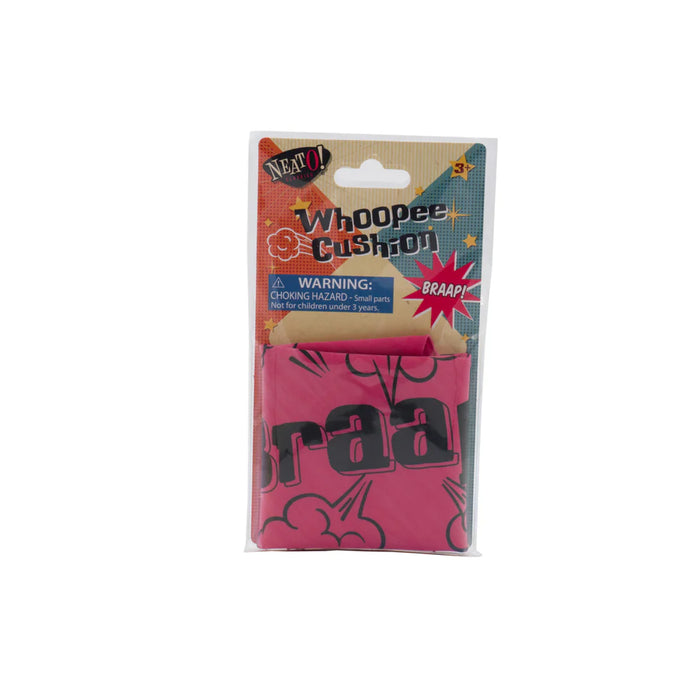 Pink whoopee cushion with packaging on a white background