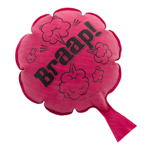 Pink inflatable pillow with 'BRAAAP!' text and cloud graphics on a white background
