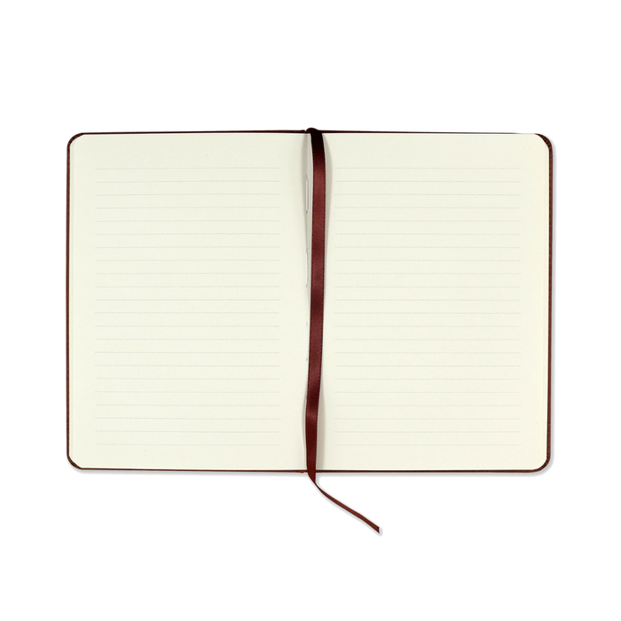 Open notebook with lined pages and a brown ribbon on a white background