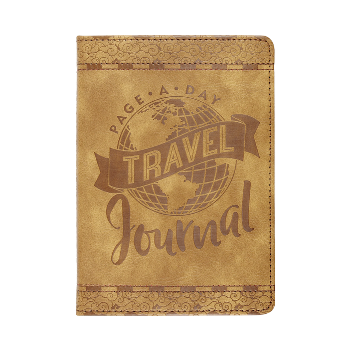 Brown travel journal with 'Page a Day Travel Journal' text on a white background