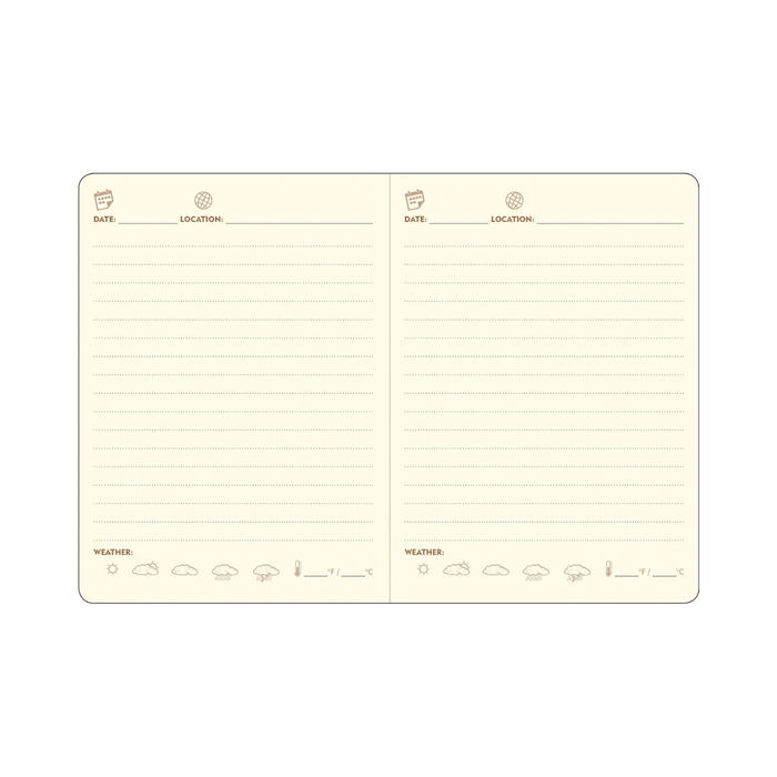 Two lined pages with icons and text at the top and bottom on a white background