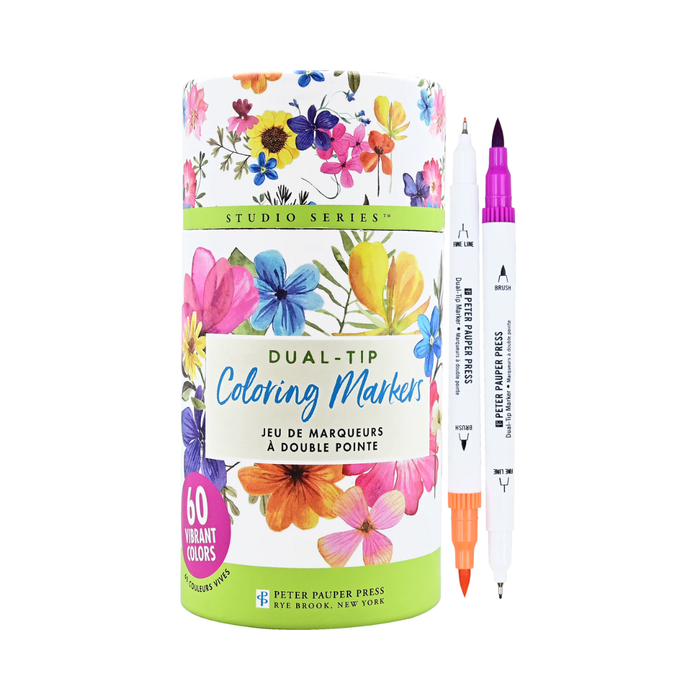 Coloring markers with floral packaging on a white background
