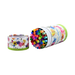 Colorful markers in a floral-patterned cylindrical container on a white background