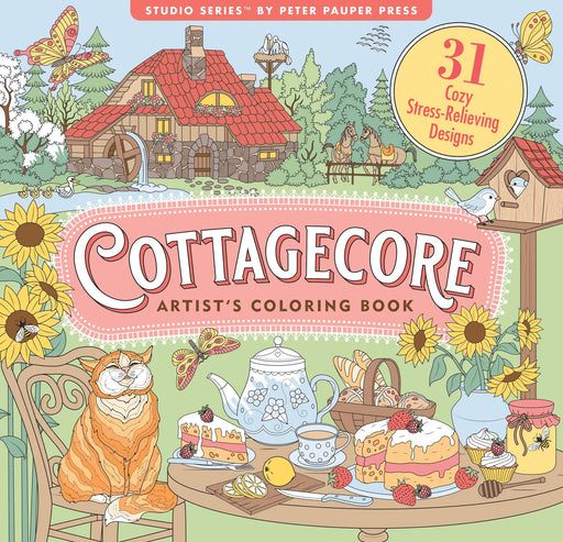 Coloring book cover titled 'Cottagecore' with illustrations of a house, cat, and tea set.