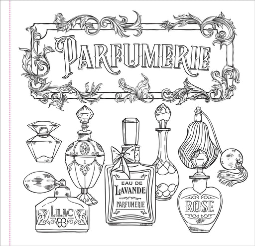 Illustrations of vintage perfume bottles with 'Parfumerie' text and decorative elements.