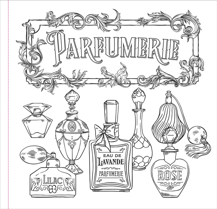 Illustrations of vintage perfume bottles with 'Parfumerie' text and decorative elements.