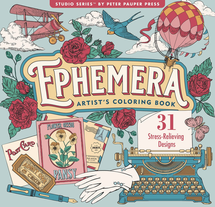 Cover of 'Ephemera Artist's Coloring Book' by Peter Pauper Press with vintage elements like a typewriter, hot air balloon, and flowers.