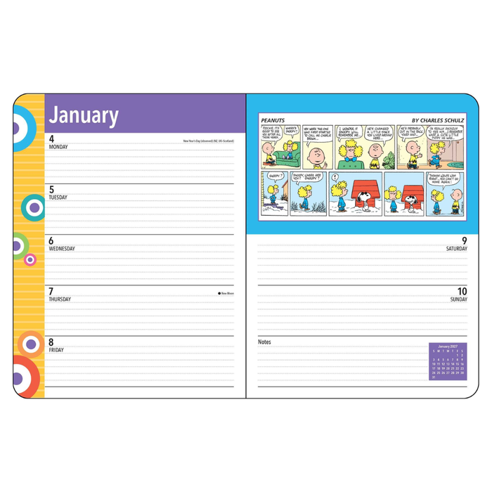 Calendar with Peanuts comic strip on a white background