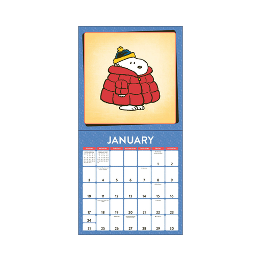 Calendar with a cartoon character in a red coat and yellow hat on a white background