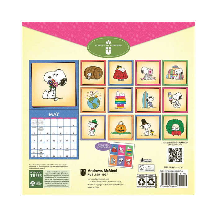 Calendar with Snoopy illustrations and a QR code on a colorful background