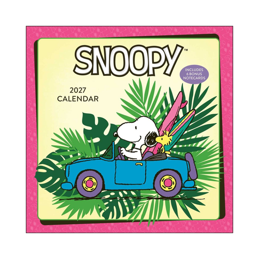 Snoopy 2027 calendar with a cartoon dog driving a car and a bird on a tropical background.