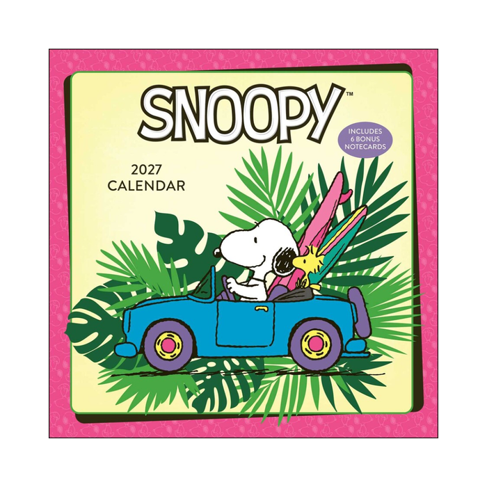 Snoopy 2027 calendar with a cartoon dog driving a car and a bird on a tropical background.