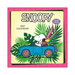 Snoopy 2027 calendar with a cartoon dog driving a car and a bird on a tropical background.