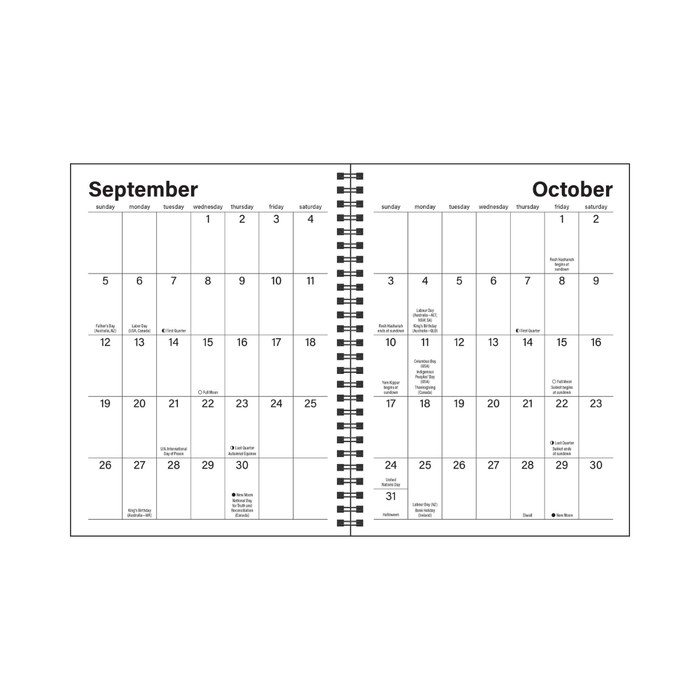 A two-month calendar spread showing September and October on a white background with a black-and-white spiral binding column in the center.