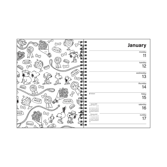 A spiral-bound planner or desk calendar shown open on a white background. The left page features black line-art doodles of animals, people, and objects over a light gray base, while the right page shows a January weekly schedule layout with days of the week and a small monthly calendar.