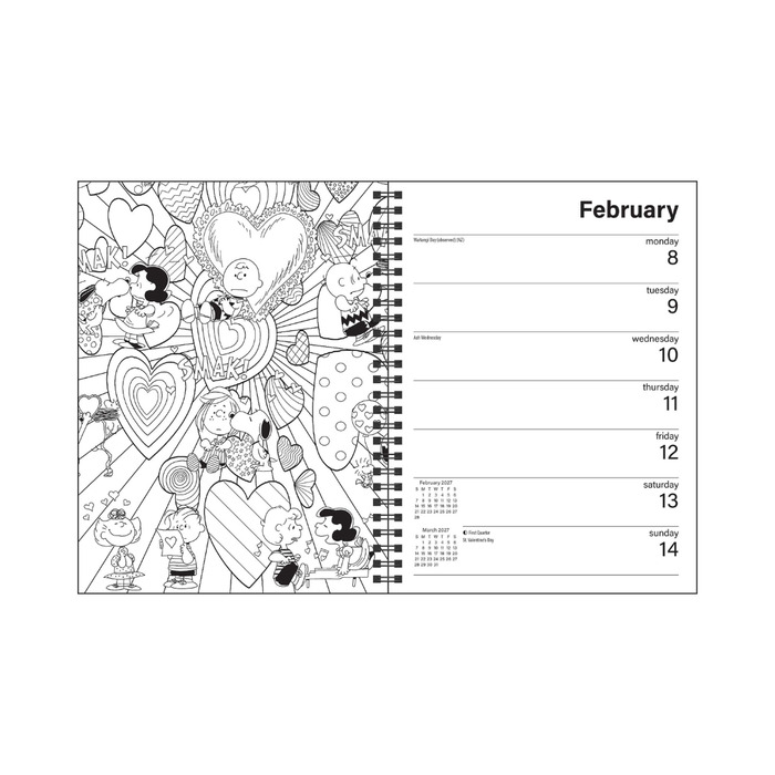 A black and white spiral-bound planner or desk calendar page showing the month of February with daily slots and a whimsical heart-filled line-art illustration on the left side.