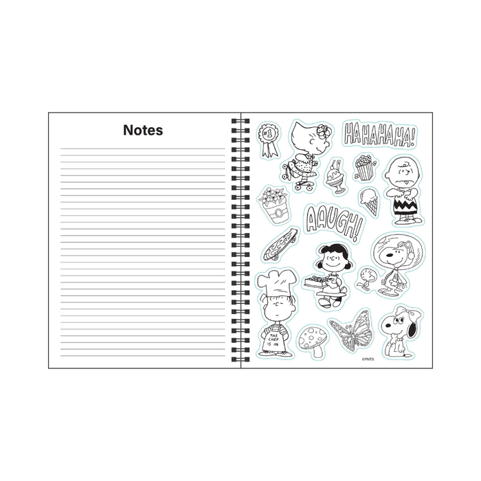 A Peanuts-themed notebook shown open to two pages on a white background. The left page has lined 'Notes' writing space, and the right page features black-and-white line art illustrations of Peanuts characters including Charlie Brown, Snoopy, Woodstock, Lucy, and others, with phrases like 'HAHAHAHA!' and 'AUGH!'.