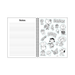 A Peanuts-themed notebook shown open to two pages on a white background. The left page has lined 'Notes' writing space, and the right page features black-and-white line art illustrations of Peanuts characters including Charlie Brown, Snoopy, Woodstock, Lucy, and others, with phrases like 'HAHAHAHA!' and 'AUGH!'.
