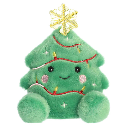 Plush toy shaped like a Christmas tree with a smiling face on a white background