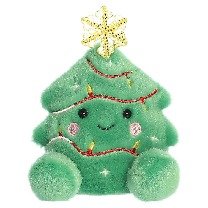 Plush toy shaped like a Christmas tree with a smiling face on a white background
