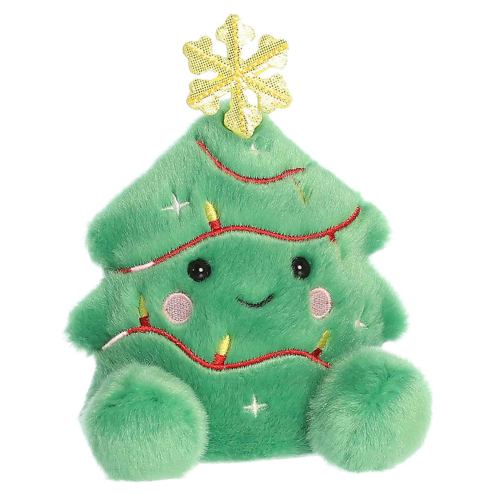 Plush Christmas tree toy with a snowflake on top, on a white background