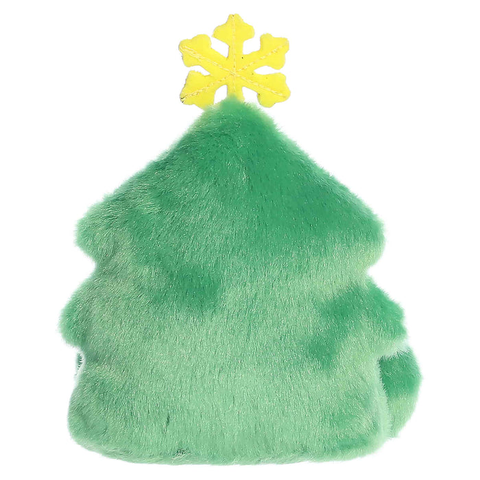 Green plush toy shaped like a Christmas tree with a yellow snowflake on a white background