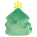 Green plush toy shaped like a Christmas tree with a yellow snowflake on a white background