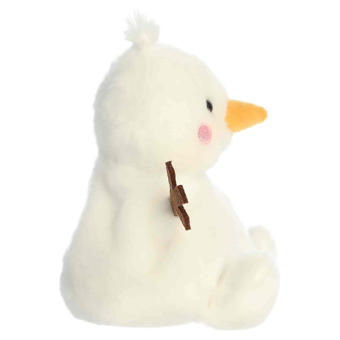 Snowman plush toy with brown arm and orange nose