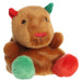 Plush toy resembling a brown creature with red and green accents on a white background