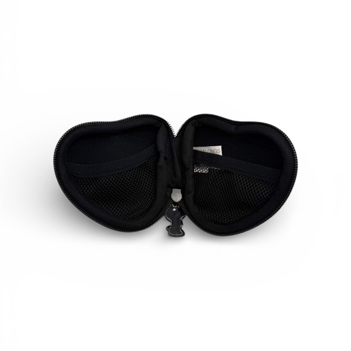 Black zippered pouch with mesh pocket on a white background