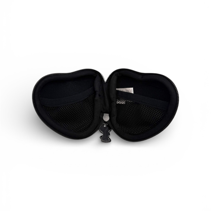 Black zippered pouch with mesh pocket on a white background