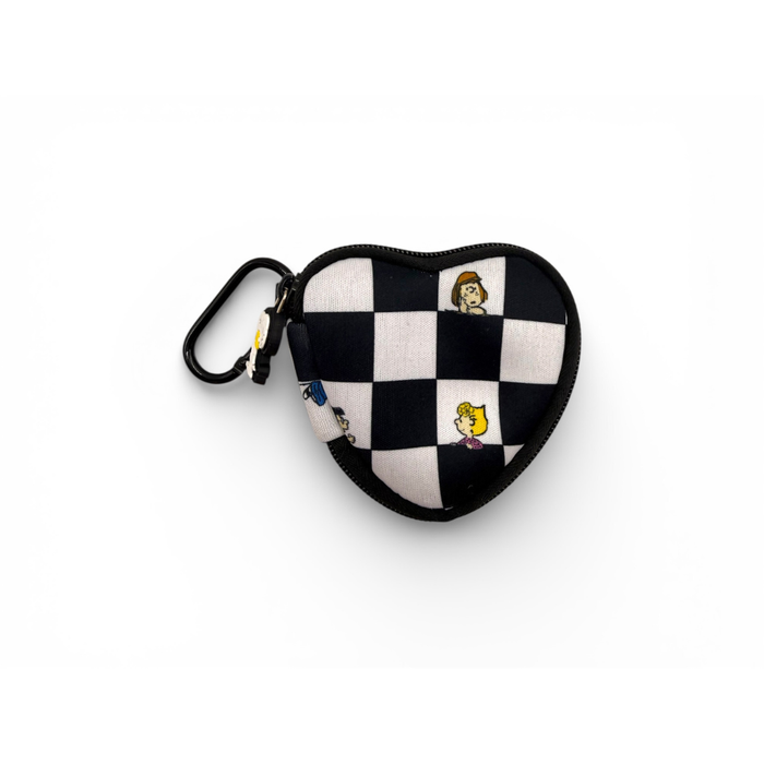 Heart-shaped checkered pouch with cartoon characters on a white background