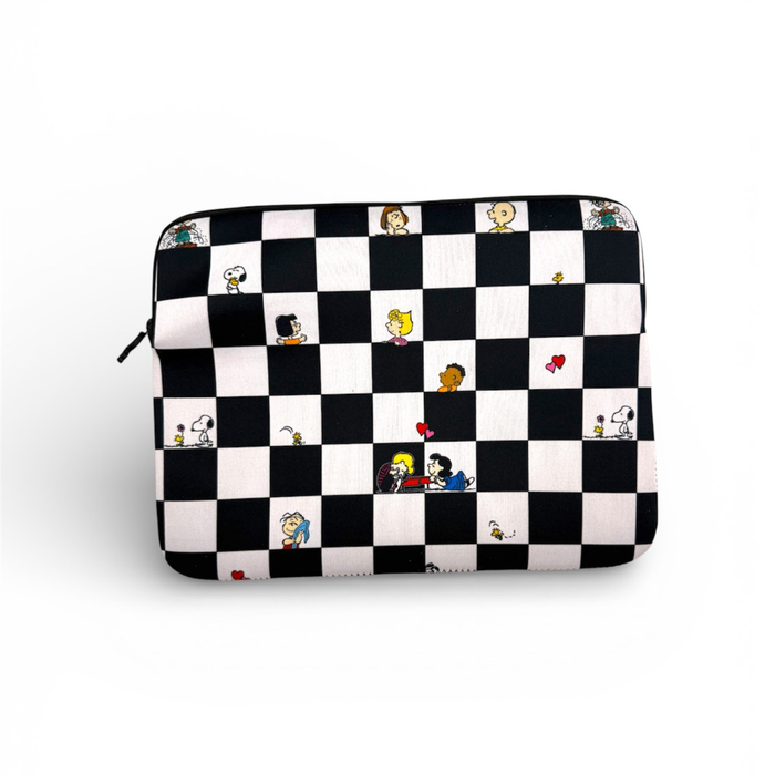 Checkered pouch with cartoon character illustrations on a white background