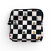 Checkered pouch with cartoon character designs on a white background