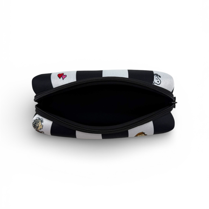 Pouch with black and white striped pattern on a white background