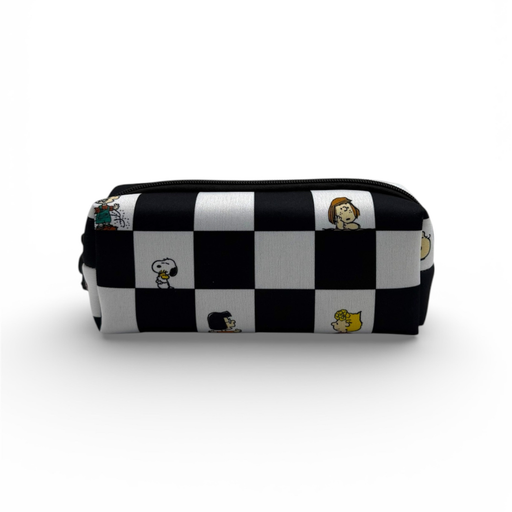 Checkered pencil case with cartoon character design on a white background