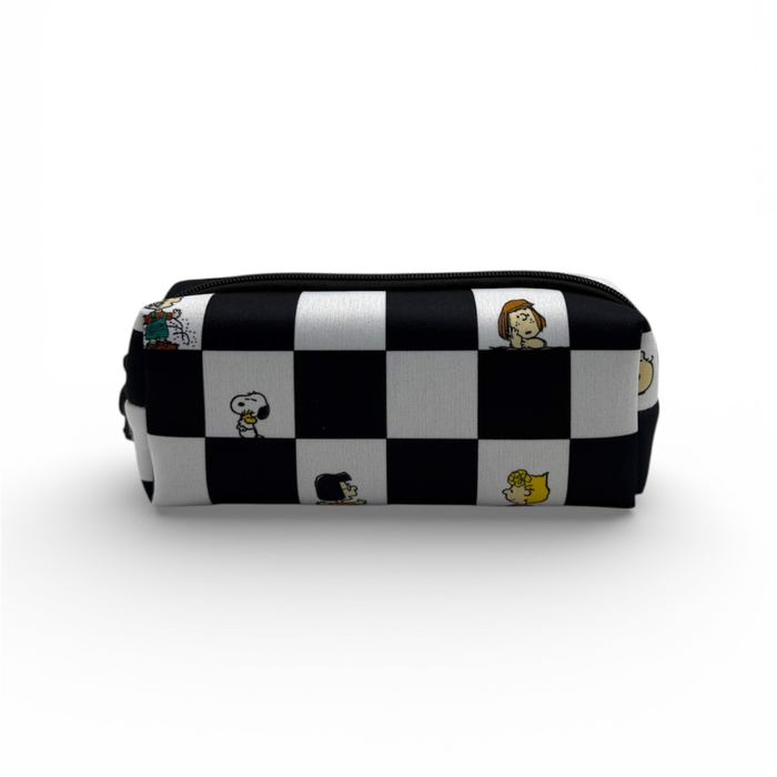 Checkered pencil case with cartoon character design on a white background